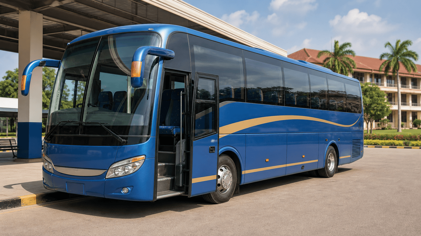 Intercity coach at a campus-area terminal