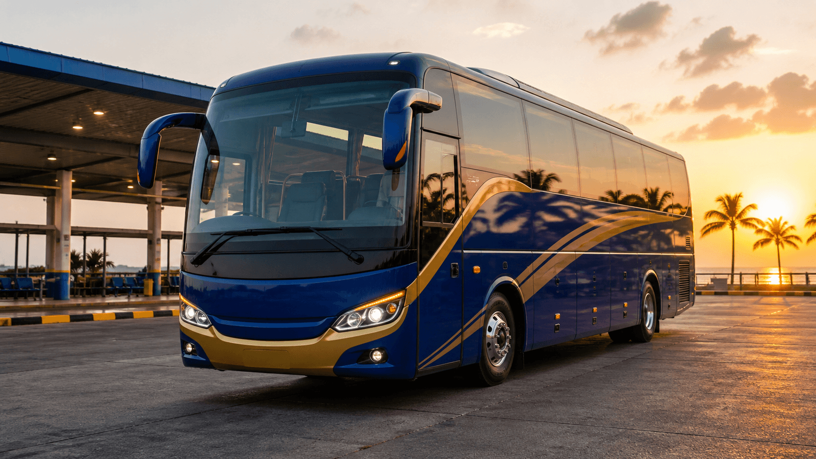 Modern blue intercity coach at a terminal during sunrise