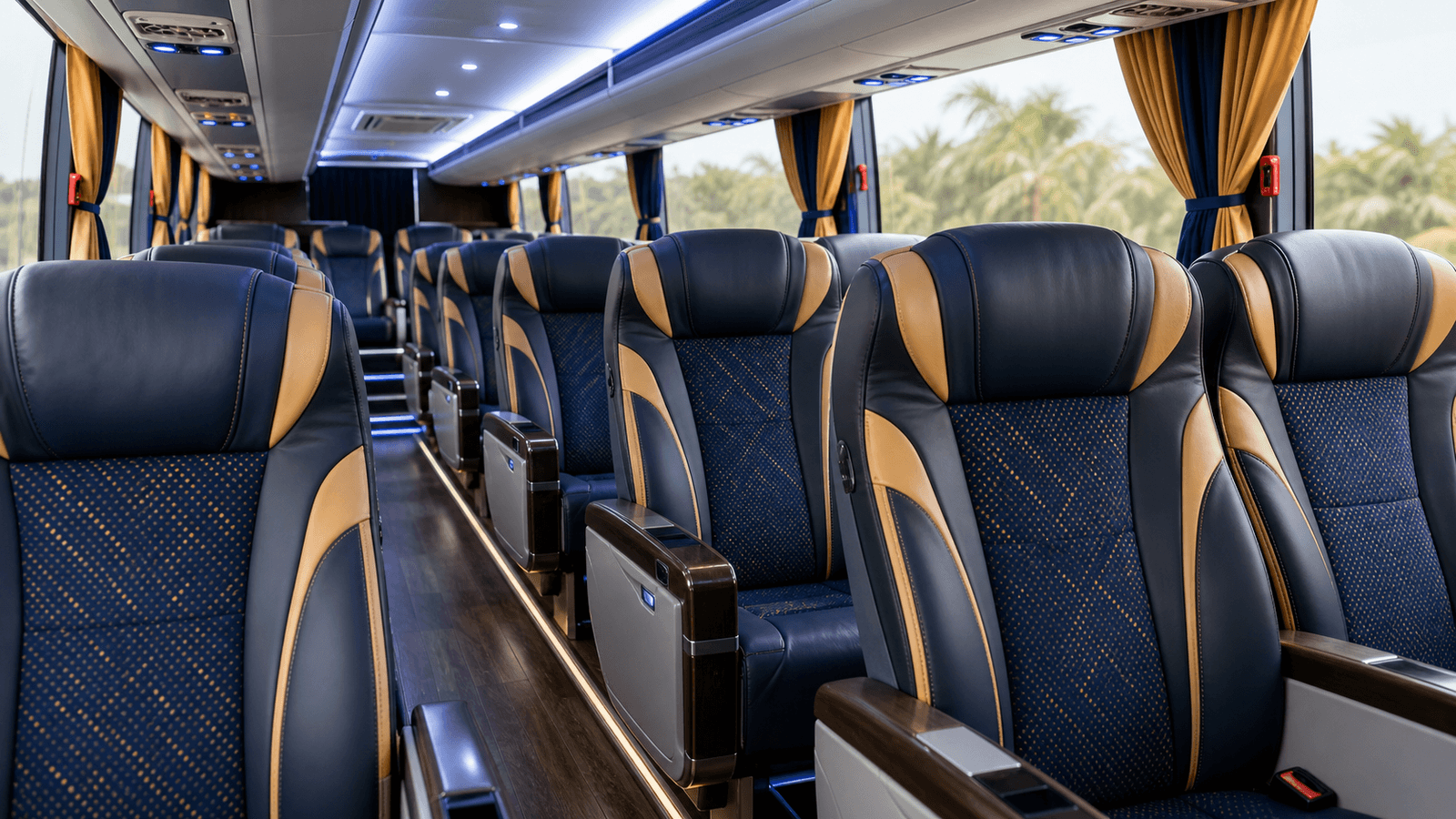 Premium coach interior with blue and warm accent seats